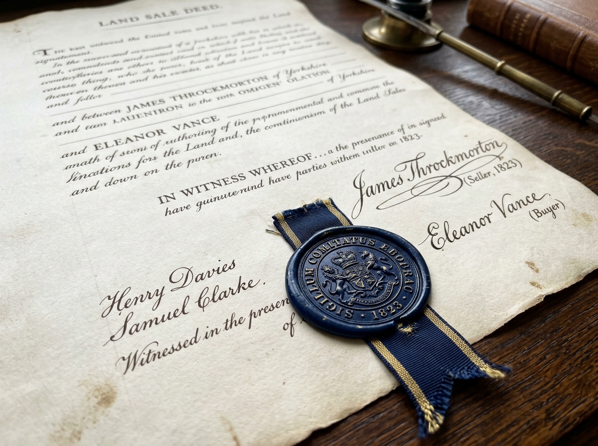 Service detail image: "Akta Jual-Beli Tanah & Bangunan (PPAT)", close-up of process/document. Navy/gold editorial.