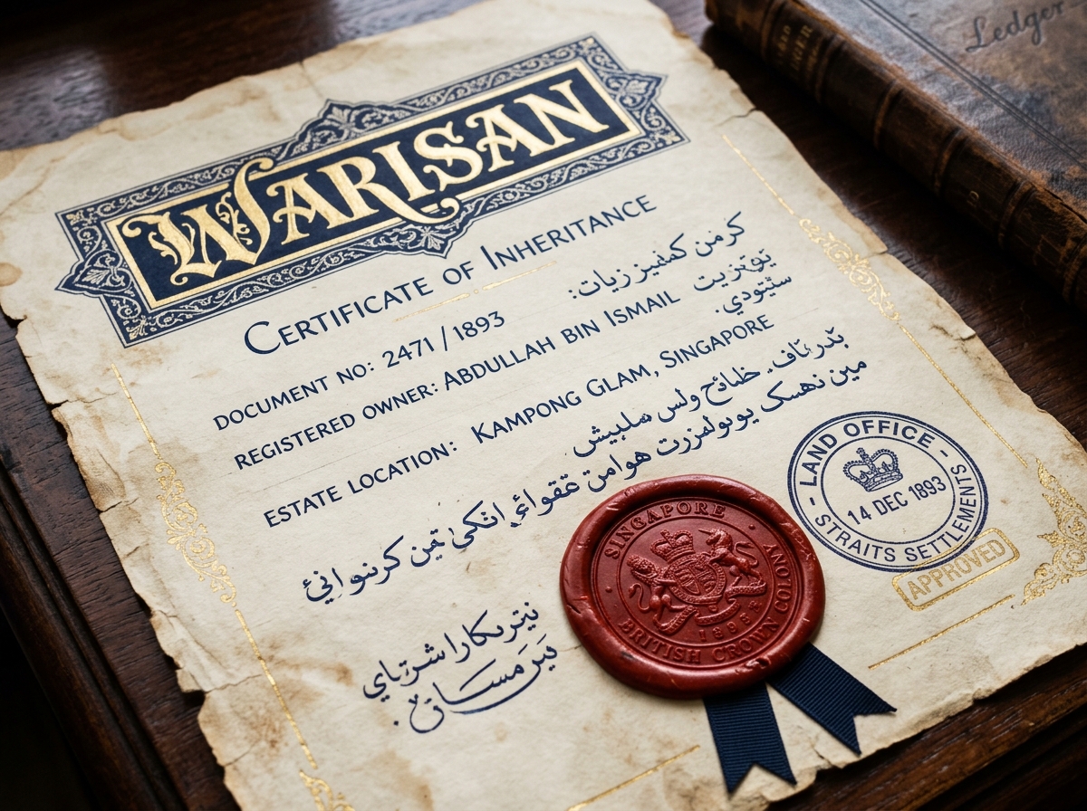 Service detail image: "Akta Warisan / Surat Keterangan Waris", close-up of process/document. Navy/gold editorial.