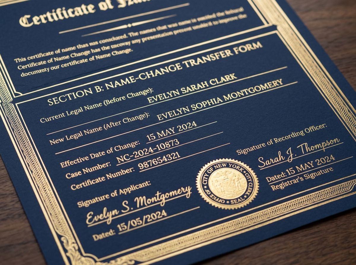 Service detail image: "Balik Nama Sertifikat", close-up of process/document. Navy/gold editorial.
