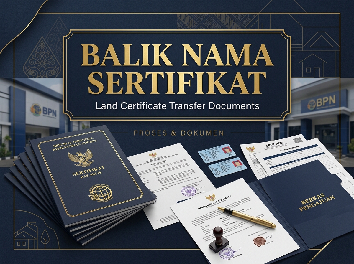 Service hero: "Balik Nama Sertifikat". Editorial photo, tidy notarial desk, relevant documents, seal/stamp. Navy/gold professional.
