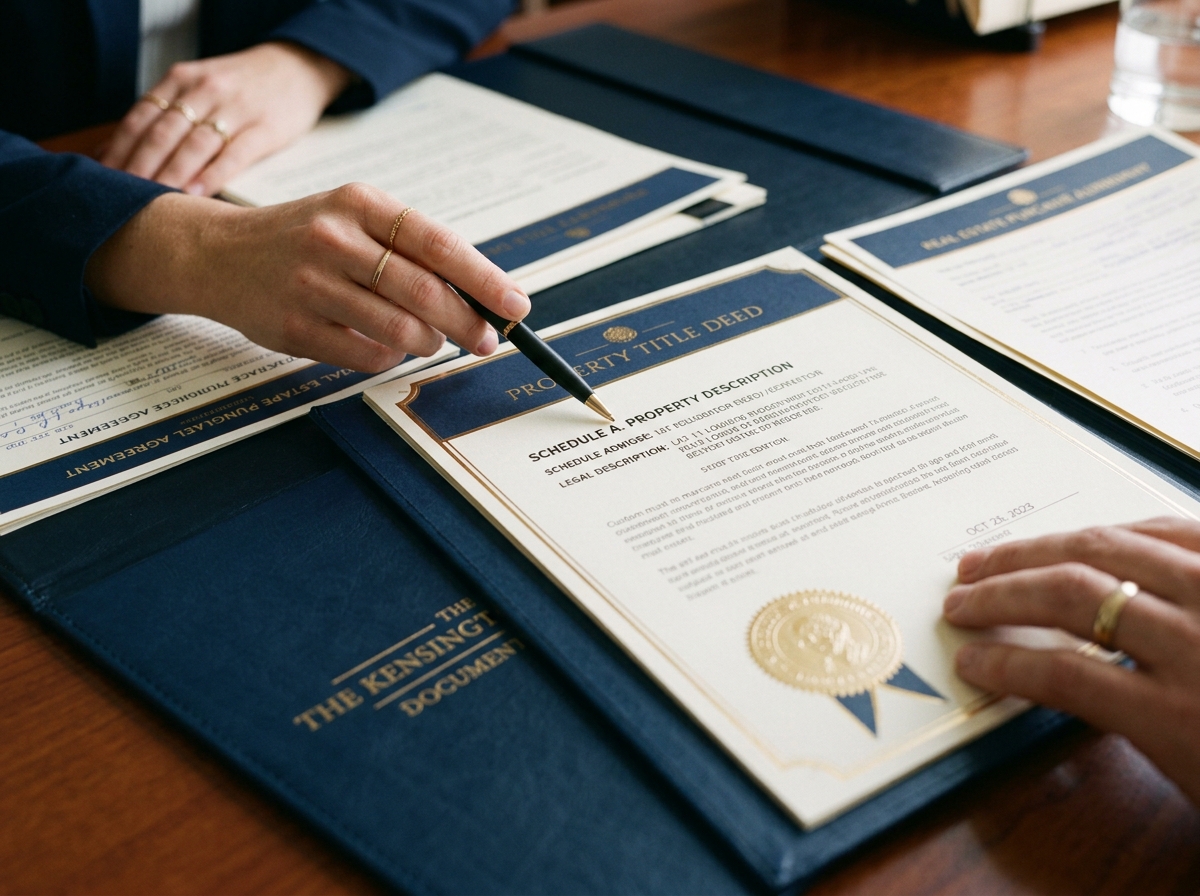 Service detail image: "Konsultasi Hukum Properti & Pertanahan", close-up of process/document. Navy/gold editorial.