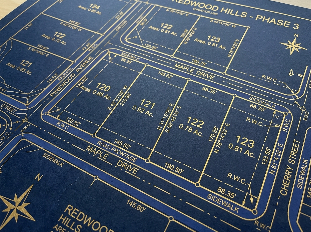 Service detail image: "Pemecahan Sertifikat Tanah", close-up of process/document. Navy/gold editorial.