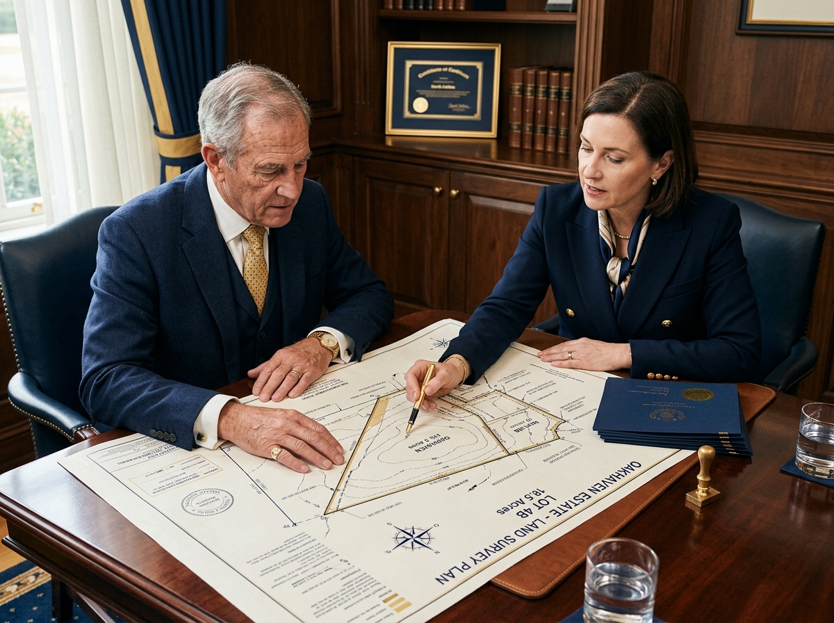 Service process image: "Pemecahan Sertifikat Tanah", signing / consultation scene. Navy/gold editorial.