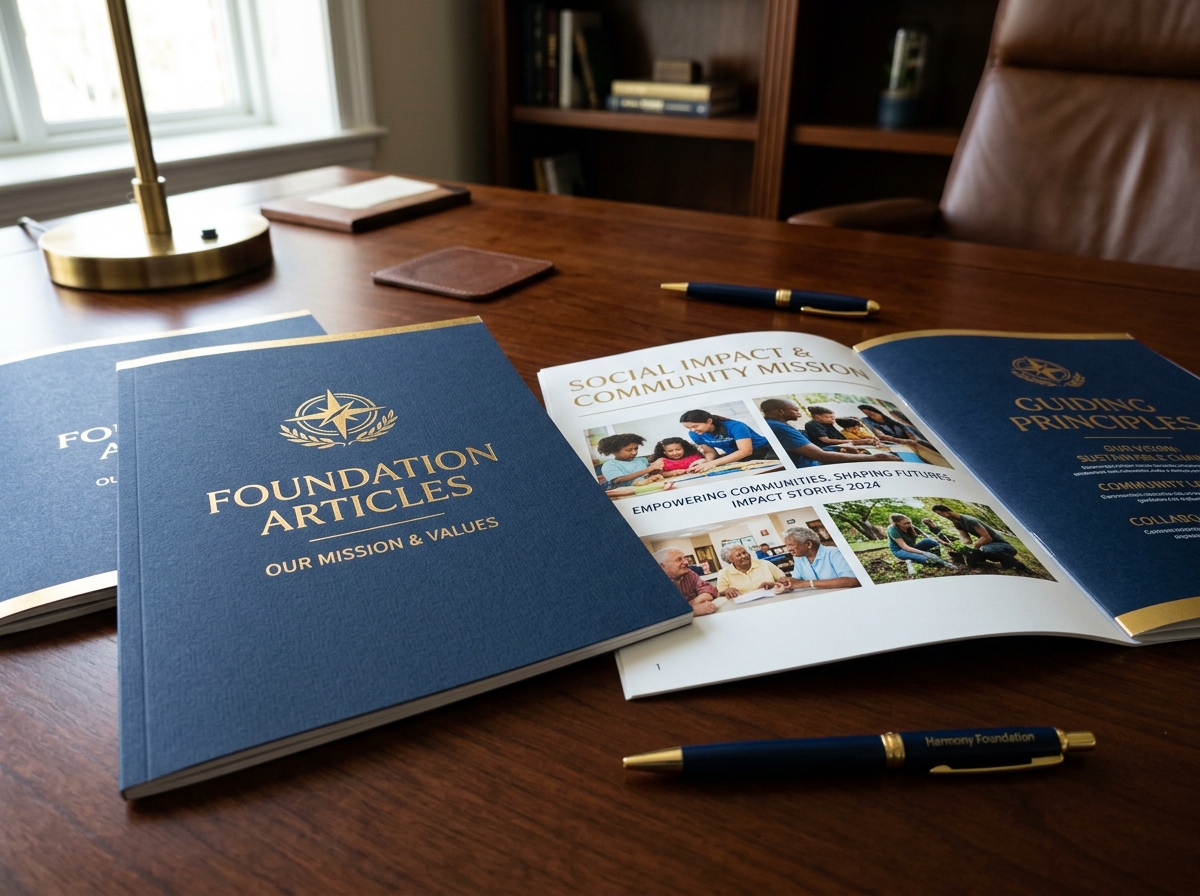 Service detail image: "Pendirian Yayasan", close-up of process/document. Navy/gold editorial.