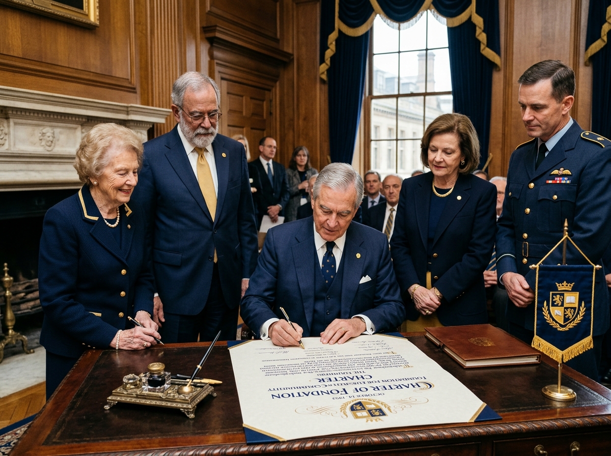Service process image: "Pendirian Yayasan", signing / consultation scene. Navy/gold editorial.