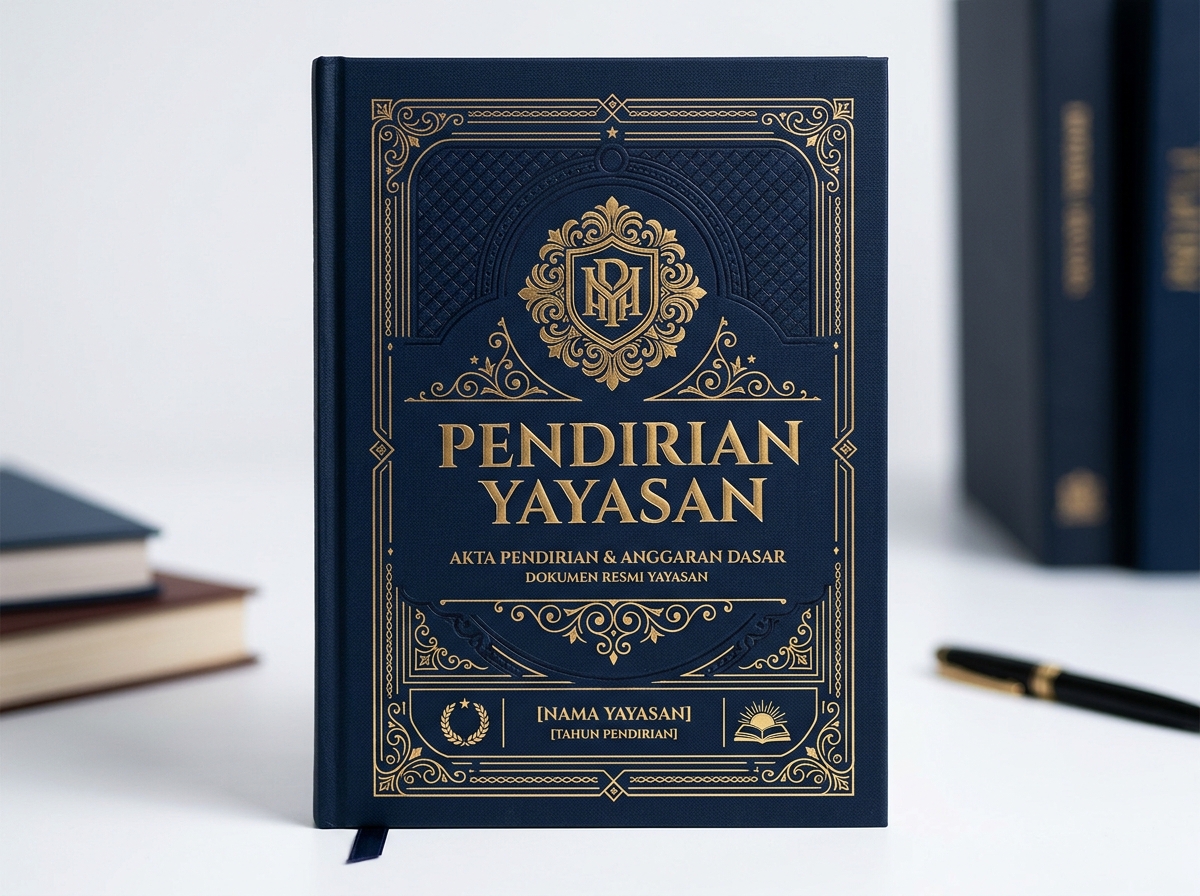 Service hero: "Pendirian Yayasan". Editorial photo, tidy notarial desk, relevant documents, seal/stamp. Navy/gold professional.