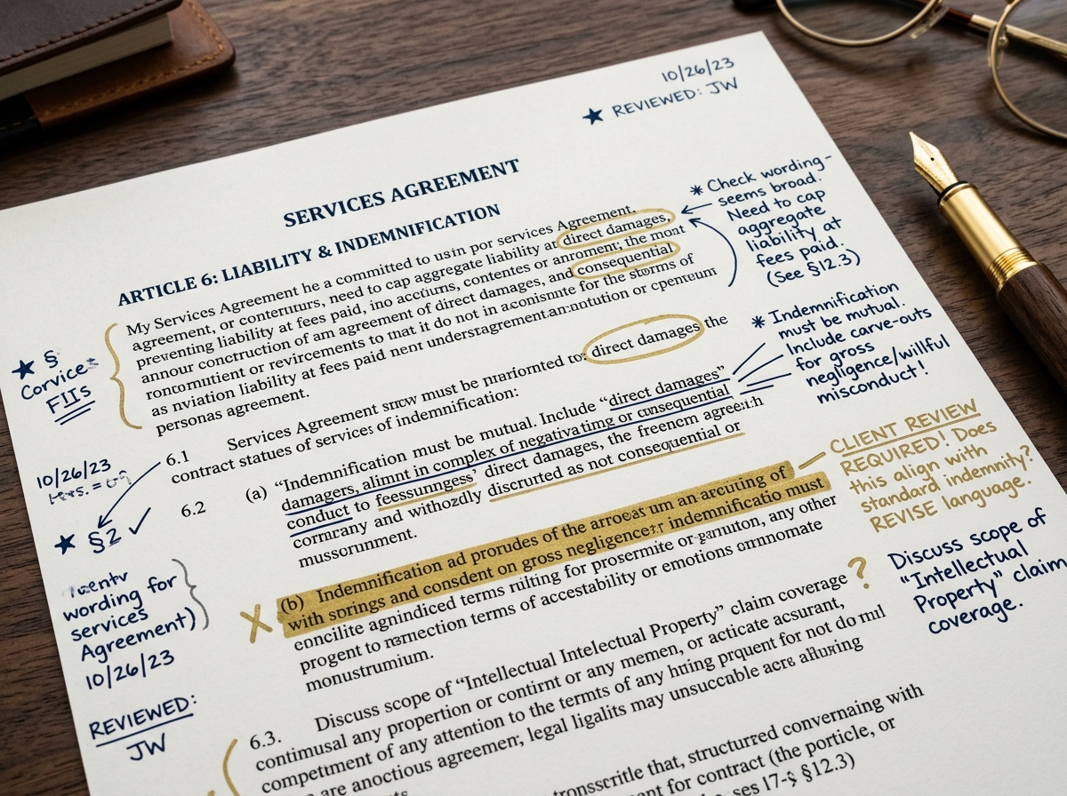 Service detail image: "Review Dokumen & Perjanjian", close-up of process/document. Navy/gold editorial.