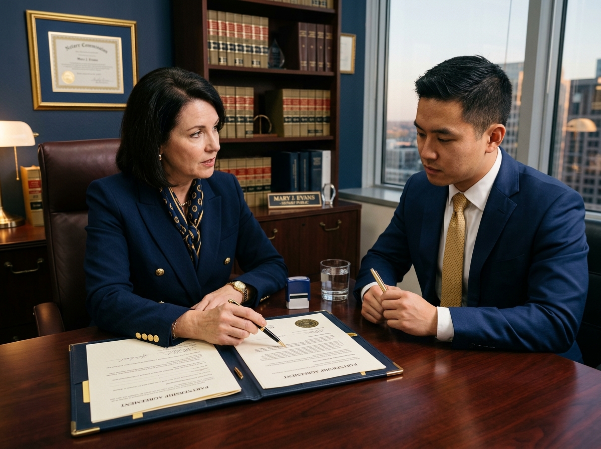 Service process image: "Review Dokumen & Perjanjian", signing / consultation scene. Navy/gold editorial.